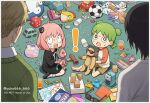  ! 2boys 2girls anya_(spy_x_family) artist_name bag_of_peanuts ball black_dress block blonde_hair border child child_drawing commentary_request crayon crossover dress glass green_sweater_vest holding holding_toy indoors kneeling koiwai_yotsuba long_sleeves looking_at_another manga_(object) messy_room mr._koiwai multiple_boys multiple_girls open_mouth origami pink_hair playing rectangular_mouth scissors shirt short_sleeves sitting soccer_ball spy_x_family stuffed_animal stuffed_toy surprised sweat sweater_vest teddy_bear toilet_paper_tube toy toy_car twilight_(spy_x_family) twitter_username white_border white_shirt yotsubato! yuko666 