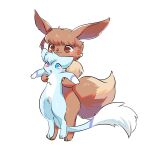  3_fingers 3_toes aishasoup ambiguous_gender anthro being_held blue_body blue_fur brown_body brown_eyes brown_fur brown_nose duo eevee feet feral fingers fur heterochromia hi_res legendary_pok&eacute;mon mew nintendo pok&eacute;mon pok&eacute;mon_(species) ribbons ruka_vaporeon simple_background toes video_games white_background white_body white_fur 