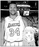  1boy 1girl absurdres bangs basketball_uniform dark-skinned_female dark_skin eyebrows_visible_through_hair gawr_gura greyscale highres hololive hololive_english looking_at_viewer los_angeles_lakers monochrome open_mouth real_life shaquille_o&#039;neal sharp_teeth smile sportswear teeth two_side_up virtual_youtuber xyanaid 