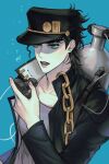  1boy black_hair blue_eyes chain gakuran hat highres holding holding_mask jojo_no_kimyou_na_bouken kujo_jotaro male_focus mask oxygen_tank ranch_jjba school_uniform scuba_gear solo stardust_crusaders underwater upper_body 