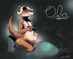 anthro camera genitals kneeling lutrine male mammal mustelid nerdawaykid nude penis pillow pregnant pregnant_male solo thick_tail 