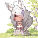  1girl ahoge animal_ear_fluff animal_ears bangs bare_arms bare_shoulders barefoot blush chibi closed_mouth commentary_request eyebrows_visible_through_hair facial_mark fox_ears fox_girl fox_tail fur_bikini grass grey_hair hair_over_one_eye highres long_hair navel original red_eyes rock sitting solo tail tree very_long_hair white_background yuuji_(yukimimi) 