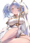  1girl bangs blue_hair breasts brown_eyes elbow_gloves gloves granblue_fantasy hair_ornament holding holding_staff large_breasts long_hair looking_at_viewer open_mouth p_answer solo sophia_(granblue_fantasy) staff standing twintails white_gloves 