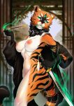  3_eyes 5_fingers absurd_res anthro asian_clothing asian_mythology big_breasts biped blush breasts claws clothed clothing countershade_face countershade_fur countershade_torso countershading demon demura digital_media_(artwork) east_asian_clothing east_asian_mythology fangs felid feline felis female fingers fluffy fur genitals hi_res holding_object holding_weapon japanese_clothing japanese_mythology katana kimono mammal markings melee_weapon multi_eye multicolored_body multicolored_fur mythology nipples nude oni pantherine partially_clothed pipe pose presenting pussy smile smoke solo striped_body striped_fur stripes sword text tiger tuft undressing weapon white_body yōkai 
