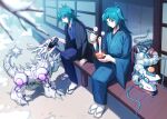  2boys aqua_eyes aqua_hair bangs black_kimono blue_kimono bowl branch chopsticks contemporary cyber_dragon_core cyber_dragon_herz cyber_kirin eyeshadow full_body highres holding holding_chopsticks japanese_clothes kimono long_hair makeup male_focus marufuji_ryou mochi multiple_boys multiple_persona nodo_sn sidelocks sitting snow yu-gi-oh! yu-gi-oh!_gx 