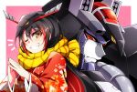  1girl bangs black_hair border choujuu_kishin_dancouga couga_(robot_girls_z) dancouga dancouga_(series) eyebrows_visible_through_hair japanese_clothes kimono long_hair mecha multicolored_hair one_eye_closed own_hands_together pink_background red_hair red_kimono robot_girls_z scarf shapiro streaked_hair super_robot white_border yellow_scarf 