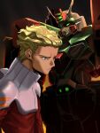  1boy black_background blonde_hair brown_eyes buster_gundam dark-skinned_male dark_skin dearka_elsman frown green_eyes gundam gundam_seed hair_behind_ear highres male_focus mecha orrdriver pilot_suit v-fin v-shaped_eyebrows 