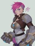  1girl absurdres armor belt breasts cleavage clenched_hands closed_mouth collarbone copyright_name cowboy_shot ear_piercing english_commentary forehead gauntlets glowing highres kkujim league_of_legends looking_at_viewer mechanical_arms medium_breasts nose_piercing piercing pink_hair pointy_nose purple_eyes short_hair shoulder_armor simple_background solo v-shaped_eyebrows vi_(league_of_legends) 
