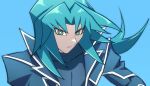  1boy aqua_eyes aqua_hair bangs black_coat coat duel_academy_uniform_(yu-gi-oh!_gx) eyeshadow frown long_hair looking_at_viewer makeup male_focus marufuji_ryou nodo_sn official_alternate_costume sidelocks solo upper_body wind yu-gi-oh! yu-gi-oh!_gx 