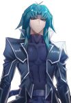  1boy aqua_eyes aqua_hair bangs belt black_coat coat collar covered_abs covered_collarbone covered_navel cowboy_shot dark_persona duel_academy_uniform_(yu-gi-oh!_gx) eyeshadow from_below frown long_hair looking_to_the_side makeup male_focus marufuji_ryou nodo_sn official_alternate_costume open_clothes open_coat shirt sidelocks solo spiked_collar spikes taut_clothes taut_shirt toned toned_male yu-gi-oh! yu-gi-oh!_gx 
