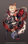  1girl blonde_hair bow_(weapon) brown_background copyright dress frilled_dress frills full_body gradient gradient_background grimms_notes long_hair low_twintails nemusuke official_art queen_of_hearts_(grimms_notes) red_dress red_eyes ribbon tiara tongue tongue_out twintails weapon 