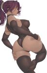  1girl absurdres ass ass_focus back bare_shoulders black_legwear black_leotard black_sleeves bleach breasts cameltoe covered_nipples dark-skinned_female dark_skin detached_sleeves feet hair_ornament hair_scrunchie hand_on_own_ass highleg highleg_leotard highres kuromoro large_breasts leotard lips long_hair looking_at_viewer looking_to_the_side parted_lips ponytail purple_hair scrunchie shihouin_yoruichi sideboob simple_background skin_tight thick_thighs thighhighs thighs thong_leotard toned white_background yellow_eyes 