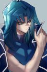  1boy aqua_eyes aqua_hair bangs black_coat coat coat_on_shoulders collar duel_academy_uniform_(yu-gi-oh!_gx) eyeshadow long_hair looking_to_the_side makeup male_focus marufuji_ryou nodo_sn official_alternate_costume shirt sidelocks solo spiked_collar spikes taut_clothes taut_shirt toned toned_male upper_body yu-gi-oh! yu-gi-oh!_gx 