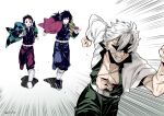  3boys :d abs anger_vein angry asymmetrical_clothes bangs belt black_hair blue_pants brown_hair chasing checkered_clothes clenched_hands clenched_teeth coat cup demon_slayer_uniform emphasis_lines excited expressionless fleeing food green_coat green_pants holding holding_cup holding_plate kamado_tanjirou kimetsu_no_yaiba leg_wrap long_hair long_sleeves looking_at_another male_focus momochi_(orrizonte) multiple_boys pants plate red_pants running scar scar_on_arm scar_on_cheek scar_on_chest scar_on_face scar_on_forehead scar_on_nose shaded_face shinazugawa_sanemi shoe_soles short_hair smile steam tabi tea teeth tomioka_giyuu white_background wide_sleeves yunomi zouri 
