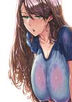  1girl bent_over blush bra breasts brown_hair collarbone dripping eyebrows_visible_through_hair eyelashes green_eyes gym_shirt idolmaster idolmaster_cinderella_girls lace-trimmed_bra lace_trim large_breasts leaning_forward long_hair looking_at_viewer messy_hair nishikawa_honami open_mouth sagging_breasts see-through see-through_shirt shiny shiny_hair shirt short_sleeves sweat sweating_profusely sweaty_clothes underwear warainaku wet wet_clothes white_background 