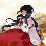  black_hair commentary_request detached_sleeves girl_who_trained_on_mt._haku_(touhou) hair_ribbon holding holding_staff kaigen_1025 long_hair long_sleeves portrait_of_exotic_girls purple_eyes red_skirt ribbon shirt skirt solo staff touhou very_long_hair wavy_hair white_ribbon white_shirt wide_sleeves 