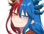  1girl bangs blue_eyes blue_hair blue_horns blush bright_pupils closed_mouth commission commissioner_upload doyagao dragon_girl dragon_horns eyebrows eyebrows_visible_through_hair hair_between_eyes head_tilt heterochromia highres horns implied_futanari inferna_dragnis long_hair looking_at_viewer meme monster_girl multicolored_hair non-web_source orange_eyes original red_hair red_horns simple_background smile smug smug_trap_(meme) solo split-color_hair symbol-shaped_pupils two-tone_hair usagi1923 white_background white_pupils 