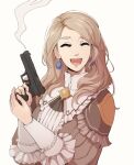  1girl alternate_costume alternate_hairstyle blonde_hair closed_eyes earrings fire_emblem fire_emblem:_three_houses fire_emblem_warriors:_three_hopes frilled_sleeves frills gun highres holding holding_weapon jewelry long_hair long_sleeves looking_at_viewer meme mercedes_von_martritz nintendo norue official_alternate_costume official_alternate_hairstyle open_mouth parody smile solo weapon 