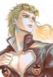  1boy blonde_hair blue_eyes braid bug cleavage_cutout clothing_cutout giorno_giovanna hair_down highres jojo_no_kimyou_na_bouken ladybug lips long_hair male_focus pectorals ranch_jjba solo vento_aureo 