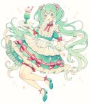  1girl :d apron back_bow bare_shoulders blush bow buttons center_frills collar dress dress_bow drink floating food frilled_collar frills green_eyes green_hair hair_bow hatsune_miku highres holding holding_plate ice_cream ice_cream_float layered_dress long_hair looking_at_viewer medium_dress neck_ribbon petticoat plate puffy_short_sleeves puffy_sleeves ribbon ribbon_trim short_sleeves signature sleeve_bow smile solo sparkle star_furu strappy_heels striped striped_ribbon thigh_strap twintails very_long_hair vocaloid waist_apron waitress wavy_hair wrist_cuffs 