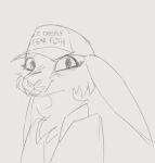  2022 ambiguous_gender anthro biped clothed clothing ferima hat headgear headwear lagomorph leporid low_res mammal monochrome rabbit solo text text_on_clothing text_on_hat text_on_headwear 