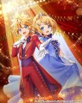  1boy 1girl ahoge bangs blazer blonde_hair blue_dress blue_eyes blurry bokeh buttons curtains depth_of_field dress elbow_gloves gloves hair_ornament hair_ribbon hairclip hand_on_own_chest high_collar jacket kagamine_len kagamine_rin light_rays official_art open_mouth outstretched_arm outstretched_hand pearl_hair_ornament pearl_trim piapro red_curtains red_jacket ribbon sawashi_(ur-sawasi) skirt_hold smile sparkle stage stage_lights swept_bangs tiara vocaloid white_gloves white_ribbon 