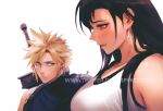  1boy 1girl black_hair blonde_hair blue_eyes breasts buster_sword cloud_strife earrings final_fantasy final_fantasy_vii final_fantasy_vii_remake highres jewelry long_hair meme pectoral_envy_(meme) red_eyes spiked_hair spykeee tank_top tifa_lockhart white_tank_top 