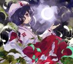  1girl beret branch bush commentary_request crescent_moon detached_sleeves earrings frilled_sleeves frills gohei hat highres japanese_clothes jewelry kaigen_1025 kimono leaf long_sleeves moon moonlight&#039;s_anti-soul_(touhou) night night_sky open_mouth outdoors parted_lips portrait_of_exotic_girls purple_hair red_eyes red_skirt ribbon-trimmed_sleeves ribbon_trim skirt sky touhou white_headwear white_kimono wide_sleeves yin_yang yin_yang_earrings 