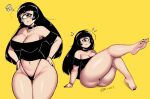  black_hair breasts cleavage clothed clothing cyclops female genitals hair not_furry panties pussy pussy_floss rivy_k simple_background solo underwear yellow_background 