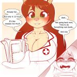  anthro big_breasts blush bodily_fluids breasts clothing comic cum felid female genital_fluids hi_res kloudmutt lion mammal nurse_clothing nurse_uniform pantherine solo text uniform zipper_(character) 