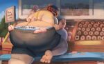  anthro beard belly big_belly big_butt bottomwear butt clothed clothing dessert domestic_pig doughnut facial_hair food hat_over_eyes hi_res huge_butt looking_back male mammal mustache obese obese_anthro obese_male outside overweight overweight_anthro overweight_male shorts solo suid suina sus_(pig) topless underwear uniparasite 
