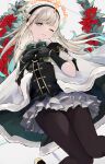  absurdres ace_kin black_legwear blue_eyes capelet christmas flower gloves headband highres light_brown_hair long_hair looking_at_viewer monster_strike one_eye_closed pantyhose revision shennong_(monster_strike) simple_background thighs white_background 