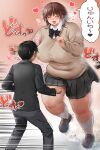  1boy 1girl absurdres amagami blush breasts brown_hair closed_eyes flying_sweatdrops height_difference heroherotom highres large_breasts loafers motion_lines pleated_skirt plump ribbon running sakurai_rihoko school_uniform shoes skirt smile socks trembling white_legwear 