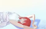  1girl absurdres ange_katrina armpits arms_up bangs bare_arms blue_background closed_eyes commentary gradient gradient_background highres lying medium_hair nicporim nijisanji on_back parted_lips red_hair shadow shirt sleeping sleeveless sleeveless_shirt solo upper_body virtual_youtuber white_background white_shirt 