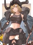  1girl armor asaikeu axe bangs black_shorts blonde_hair blush breasts cowboy_shot crop_top djeeta_(granblue_fantasy) fake_horns faulds fur_coat granblue_fantasy helmet highres holding holding_axe holding_sword holding_weapon horned_helmet horns impossible_clothes leg_armor looking_at_viewer medium_breasts navel short_hair shorts shoulder_armor smile solo split_mouth sword tank_top vambraces viking_(granblue_fantasy) weapon yellow_eyes 