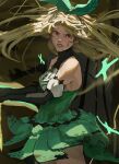  1girl absurdres angry bare_shoulders black_gloves blonde_hair blood blood_on_face bow clenched_teeth cowboy_shot elbow_gloves floating_hair gloves green_bow green_ribbon green_skirt hair_bow hair_ribbon halterneck hands_on_hilt high-waist_skirt highres long_hair looking_at_viewer nijisanji nijisanji_en pointy_ears pomu_rainpuff protojops red_eyes ribbon skirt solo standing teeth 