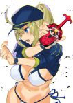  1girl artoria_pendragon_(fate) ashiomi_masato baseball_cap bikini blonde_hair blue_eyes blue_headwear breasts fate/grand_order fate_(series) hair_through_headwear hat kamen_rider kamen_rider_kabuto_(series) long_hair mysterious_heroine_xx_(fate) open_mouth ponytail side-tie_bikini simple_background solo swimsuit white_background white_bikini 