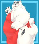  2022 anthro apron belly big_belly biped blush butt clothing eyewear facial_hair fur glasses hi_res humanoid_hands kemono male mammal mature_male mustache o_miso_n obese obese_male overweight overweight_male polar_bear solo ursid ursine white_body white_fur 