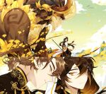  2boys azhdaha_(genshin_impact) bangs bird branch brown_hair chinese_clothes closed_mouth cloud dl_mask dragon earclip earrings genshin_impact gradient_hair highres holding holding_weapon hood hood_up horns jewelry leaf long_hair male_focus mountain multicolored_hair multiple_boys multiple_views orange_eyes orange_hair parted_lips personification polearm ponytail robe sky spear weapon yellow_eyes zhongli_(genshin_impact) 