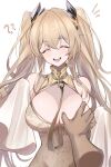  1boy 1girl ? ?? absurdres anchorage_(azur_lane) bangs blonde_hair blush breast_grab breasts cleavage grabbing highres large_breasts long_hair long_sleeves open_mouth simple_background smile solo_focus toki_(rumukio) 