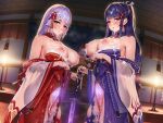  2girls bangs blue_hair blunt_bangs blurry blurry_background blush breasts breasts_out bukkake closed_mouth contrapposto cowboy_shot crotchless crotchless_panties cum cum_on_body cum_on_breasts cum_on_clothes cum_on_hair cumdrip depth_of_field detached_collar dutch_angle eyebrows_visible_through_hair eyeliner facial fisheye flower_knot from_side glowing_tattoo hair_ornament half-closed_eyes heavy_breathing highres huge_breasts indoors japanese_clothes katana leg_ribbon light_purple_hair lips long_hair looking_at_viewer makeup multiple_girls navel nipples non-web_source nontraditional_miko obi ogre_(illustogre) original panties panty_pull ponytail pubic_tattoo pussy red_eyes revealing_clothes ribbon ribbon_trim sash see-through_silhouette see-through_sleeves sidelocks skindentation steaming_body string_panties sweat sword tassel tassel_hair_ornament tattoo thigh_ribbon underwear weapon white_panties x_hair_ornament 