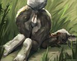  2022 anthro anus digital_media_(artwork) digital_painting_(artwork) female genitals grass humanoid_genitalia humanoid_pussy lagomorph leporid looking_at_viewer looking_back looking_back_at_viewer lying mammal nude on_front outside plant presenting presenting_pussy pussy rabbit ratatooey shaded signature smile solo 