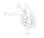  acrobatic anthro black_and_white breasts censored creative_censorship digital_media_(artwork) digitigrade feet female ferima handstand hare lagomorph leporid mammal maylis monochrome paws smile solo spread_toes text toes 