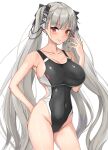  1girl amagi_(amagi626) azur_lane bangs bare_arms bare_shoulders black_swimsuit blush breasts cleavage collarbone competition_swimsuit covered_navel cowboy_shot eyebrows_visible_through_hair formidable_(azur_lane) grey_hair highleg highleg_swimsuit highres large_breasts long_hair looking_at_viewer one-piece_swimsuit red_eyes simple_background smile solo swimsuit thighs twintails white_background 