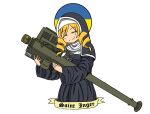  1girl absurdres blonde_hair breasts deculture drill_locks eyebrows_visible_through_hair fim-92_stinger habit halo happy head_tilt highres holding holding_weapon large_breasts mahou_shoujo_madoka_magica non-web_source original rocket_launcher russo-ukrainian_war saint_inger simple_background smile tomoe_mami ukrainian_flag weapon 