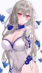  1girl azur_lane blue_butterfly blush bow breasts bug butterfly cleavage commission covered_navel cowboy_shot dress elbow_gloves fingerless_gloves gloves grey_dress grey_hair hair_between_eyes hair_bow hair_ornament hand_up highres long_hair looking_at_viewer mile_(off8mile) mole mole_under_eye parted_lips pink_eyes saint-louis_(azur_lane) skeb_commission solo standing white_bow 