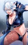  angel_(kof) blue_eyes bra breasts chaps cropped_jacket fingerless_gloves gloves hair_over_one_eye highres jacket large_breasts leather leather_jacket open_mouth shinobi_life1 strapless strapless_bra the_king_of_fighters the_king_of_fighters_xiv the_king_of_fighters_xv toned tongue tongue_out underwear 