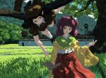  2girls black_hair brown_headwear flower forbidden_scrollery hair_flower hair_ornament hat hieda_no_akyuu highres japanese_clothes kajatony kimono multiple_girls official_alternate_costume open_mouth outdoors purple_hair rice_paddy shameimaru_aya sky touhou tree village wall wings 