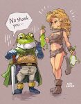  1boy 1girl abs ayla_(chrono_trigger) bare_shoulders belt blonde_hair blue_eyes blue_gloves breasts brown_footwear cape cavewoman chrono_trigger closed_mouth commentary_request curly_hair eyelashes fake_tail forehead frog frog_(chrono_trigger) frog_boy full_body gloves green_cape highres holding knight legs_apart legs_together long_hair looking_at_another midriff navel panties pants pantyshot shadow skirt sleeveless speech_bubble standing sweat sword tail toned underwear uzutanco weapon yellow_eyes 