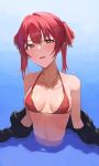  1girl absurdres alternate_eye_color bikini black_jacket blush breasts commentary eyebrows_visible_through_hair hair_ribbon heart heart_necklace highres hololive houshou_marine jacket looking_at_viewer medium_breasts medium_hair off_shoulder official_alternate_costume open_clothes open_jacket open_mouth red_bikini red_hair red_ribbon ribbon solo starshell swimsuit twintails upper_body virtual_youtuber wading water yellow_eyes 